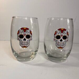 Day of the Dead Stemless Sugar Skull Glass Wine Glasses White Halloween Set/2